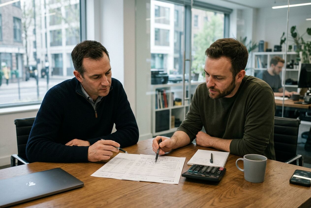 Opname van een opdrachtgever en videoproducent die samen een gespecificeerde video-offerte met calculator aan een bureautafel doornemen.
