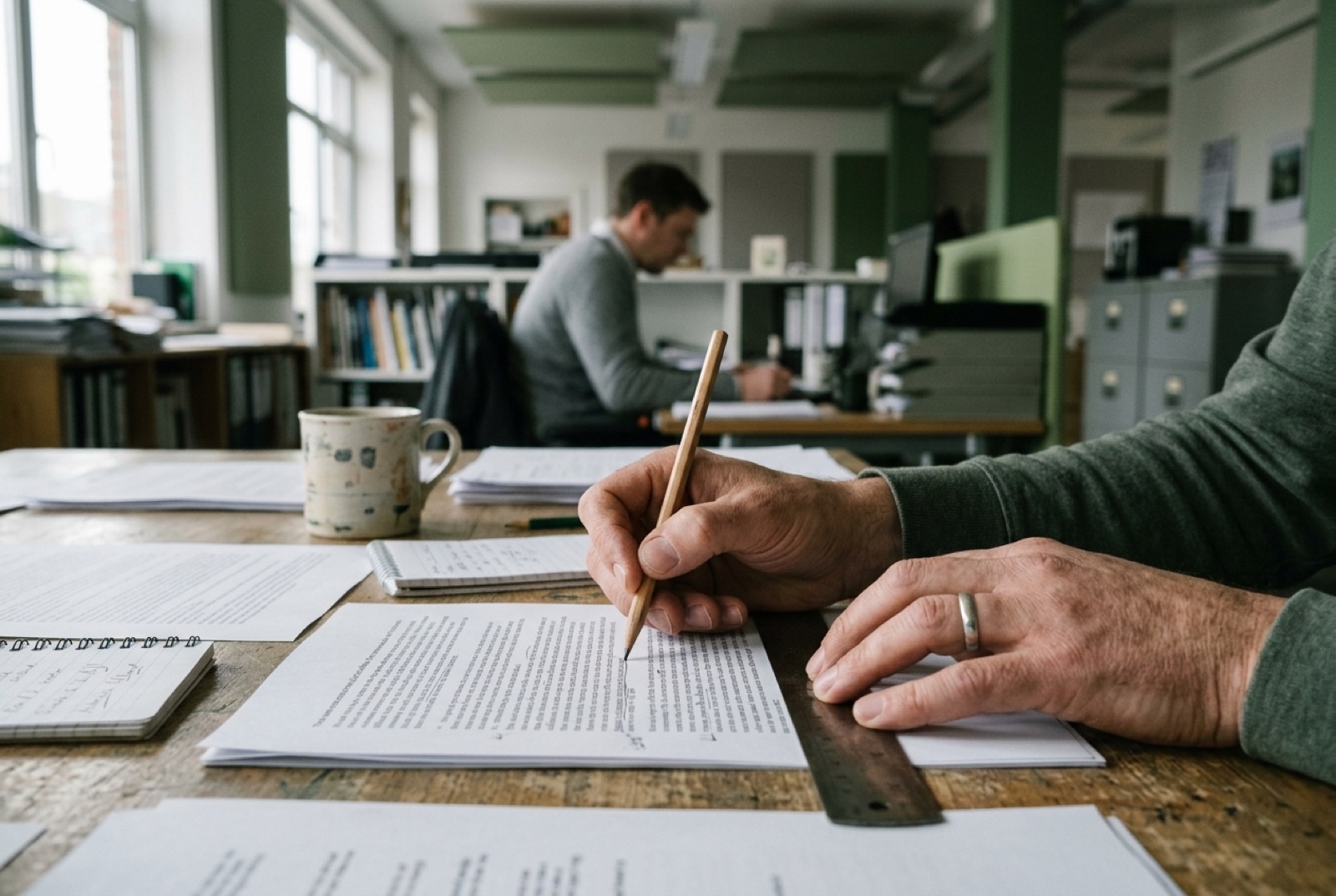 Handen met potlood gaan regel voor regel door een geprint document, liniaal onder de regel