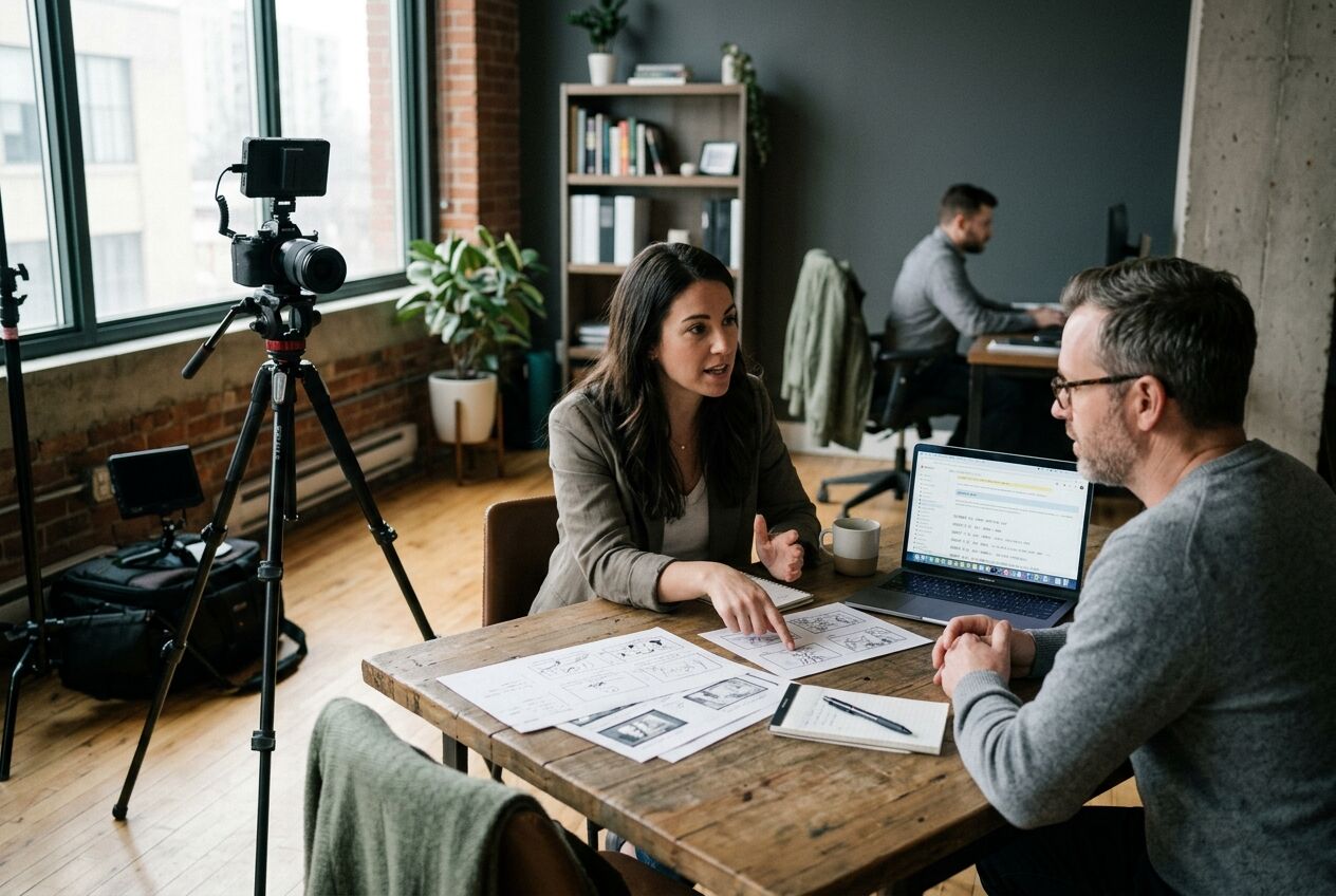 Overleg tussen klant en videoproducent aan een tafel met geprinte storyboards en een camera op statief op de achtergrond.